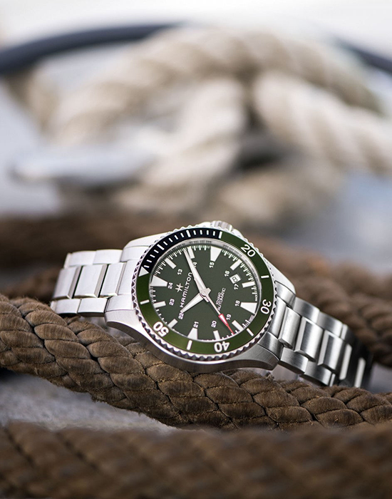 Hamilton Hamilton Khaki Navy Scuba Auto H82375161 мужские часы зеленый циферблат на запястье